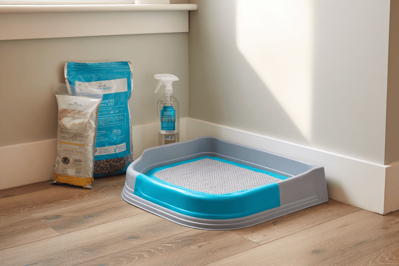 A clean, well-lit corner of a modern laundry room. A grey, plastic potty pad holder tray is placed neatly against the wall, with a fresh, blue-bordered potty pad securely fitted inside. A bag of high-value training treats and a bottle of enzymatic cleaner sit on the floor nearby, suggesting a fully prepared setup.