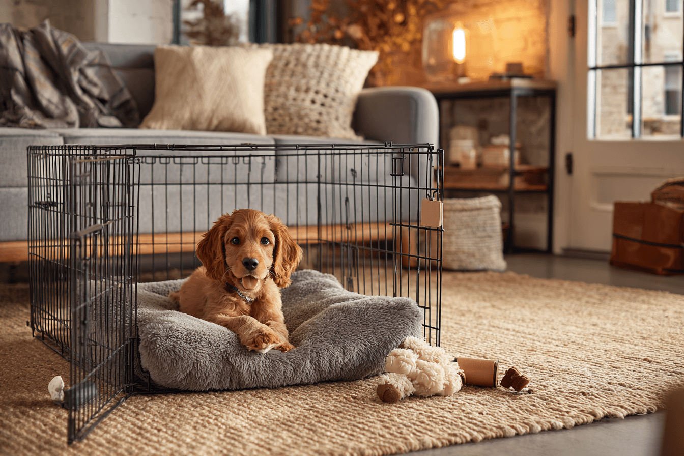 A cozy living room setting. A medium sized wire crate is open, filled with a soft plush bed. A happy looking Cocker Spaniel puppy is halfway inside the crate, chewing on a stuffed Kong toy, with a few treats scattered just inside the entrance. The scene feels warm and inviting.